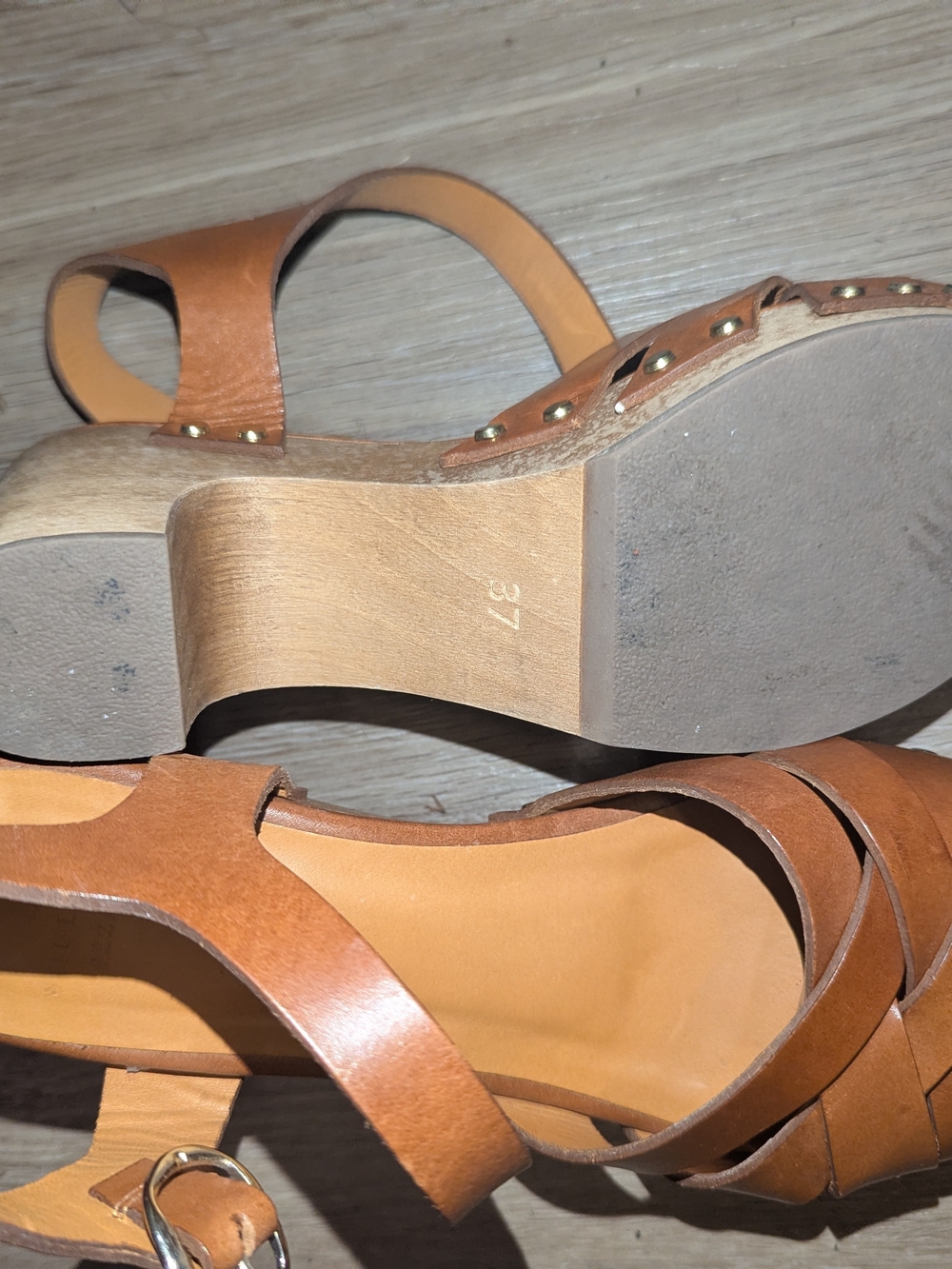 Sezane Tan Brown Leather Strappy Clog Wood Heels Sandals - Picture 7 of 7